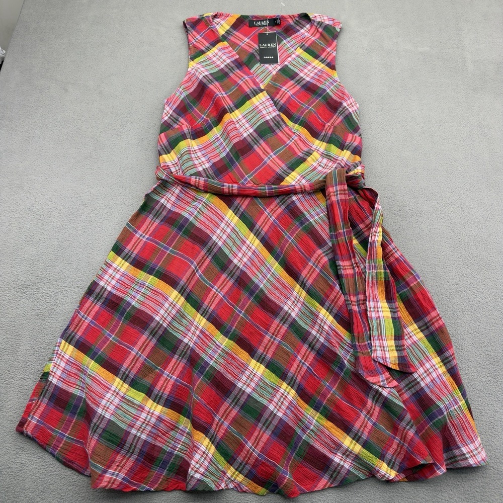 Lauren Ralph Lauren Tartan Plaid Crinkle Sleeveless Dress 12 Red Green Holiday